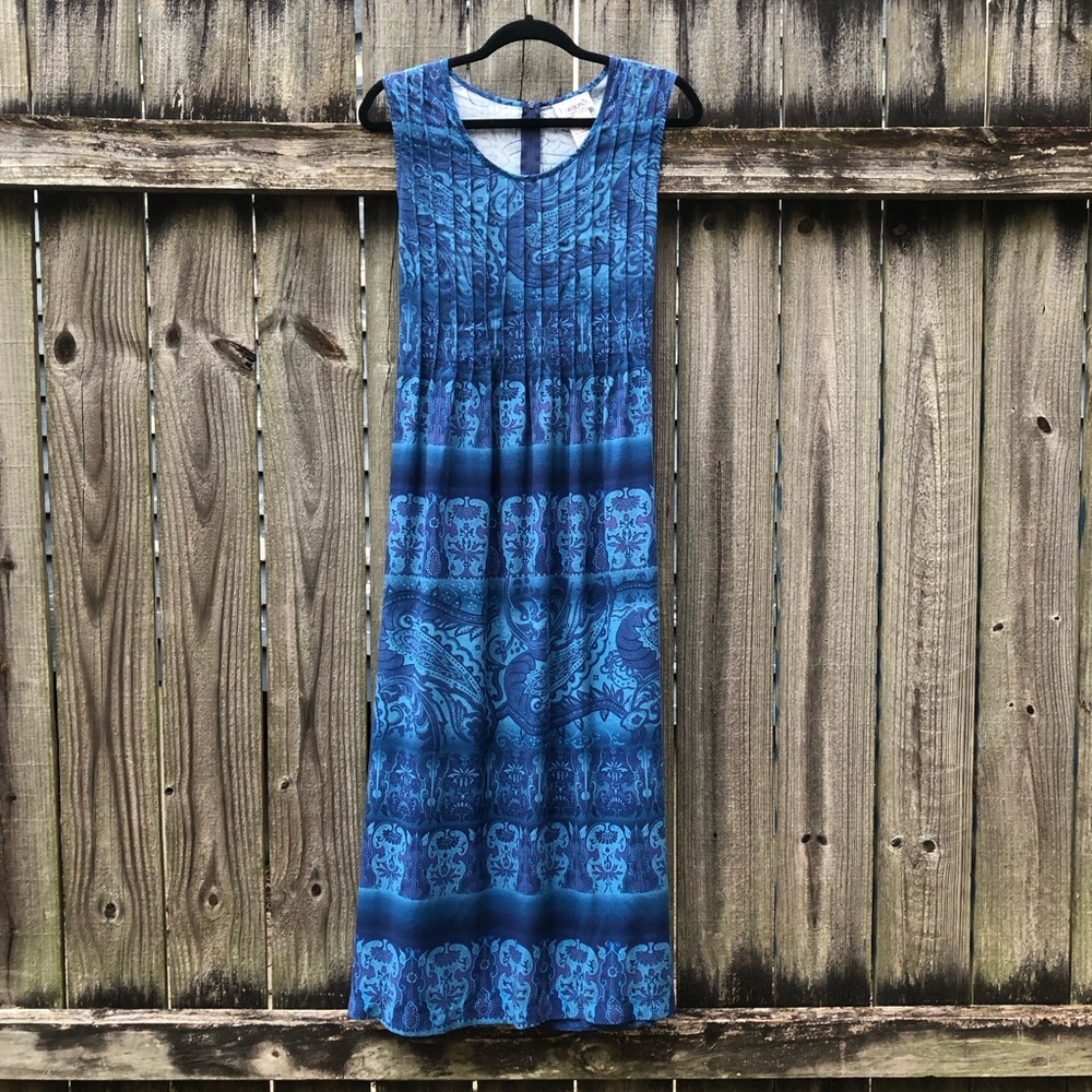 Vintage Pintuck Mixed Print Midi Dress Size 8 Blue Tie Back Basic Editions
